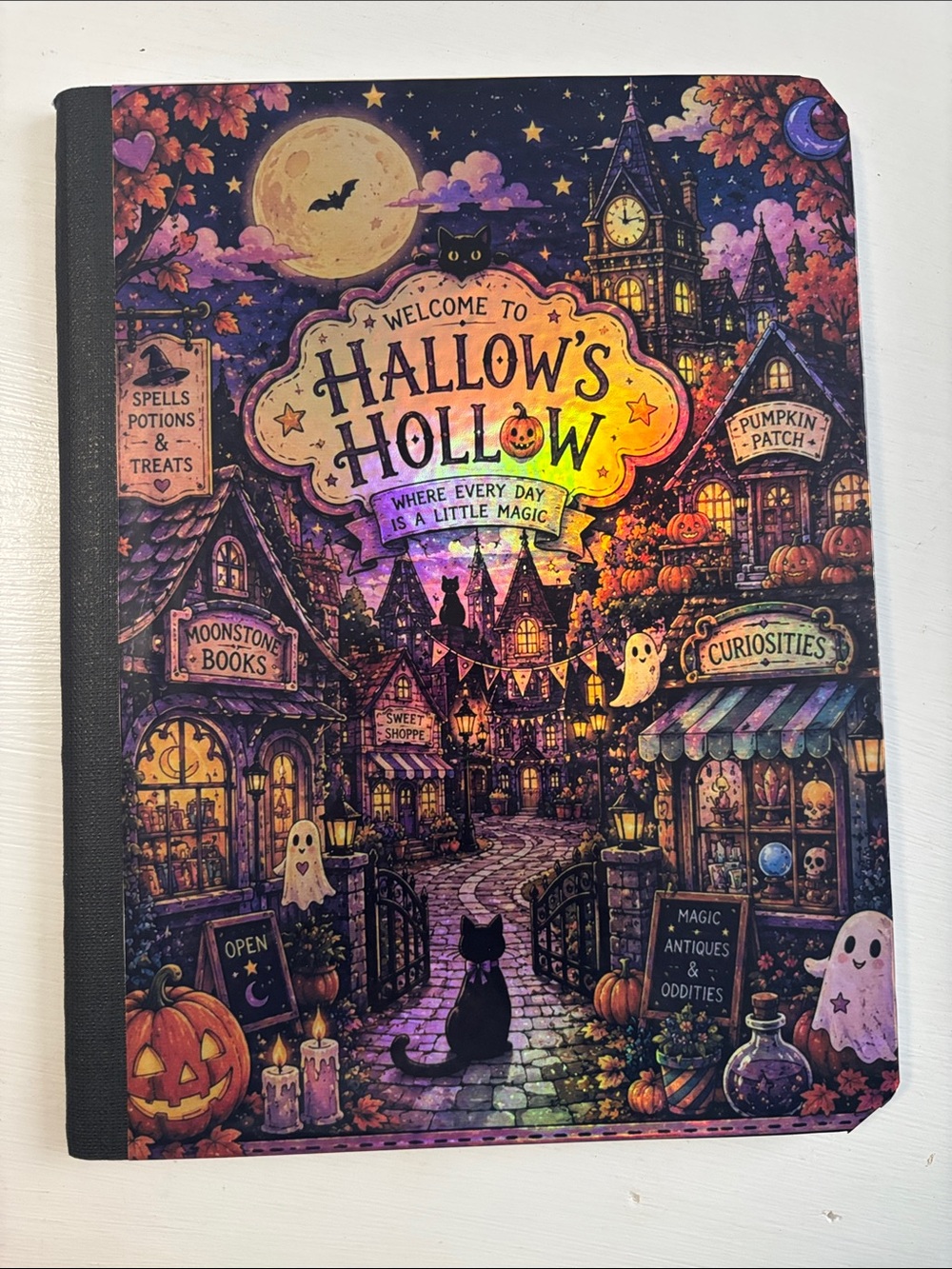 Hallows Hollow Halloween-Themed Notebook — Purple/Black